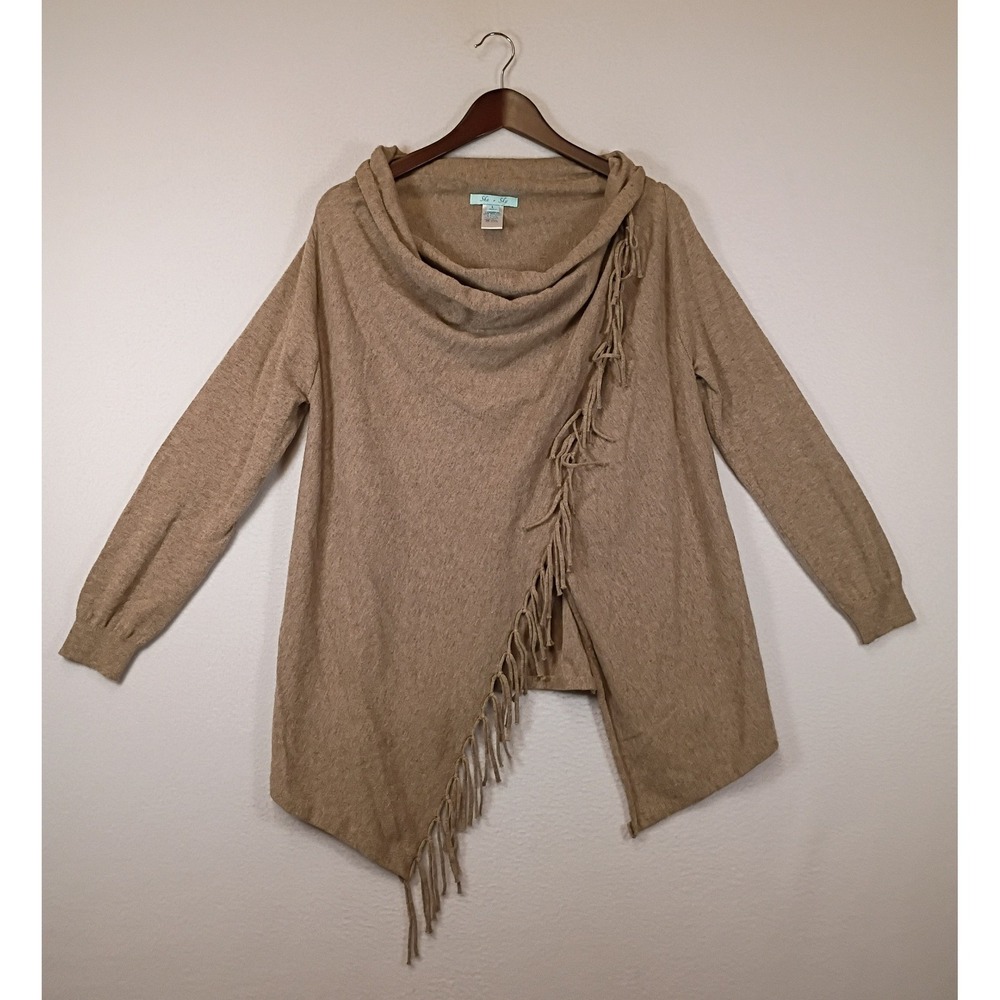 Boho She + Sky Womens Large Tan Fringe Asymmetrical Cowl Neck Sweater SL2514-MTJ